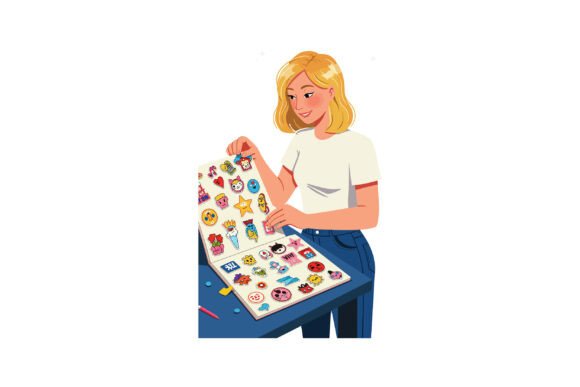 Woman Browsing Colorful Sticker Album Wi